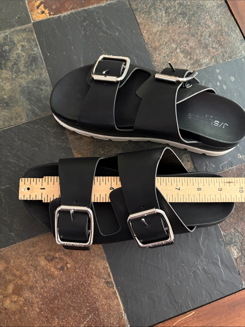 J/Slides NYC Black Leather Slide Sandals with Silver Buckles size 8. - Picture 8 of 8